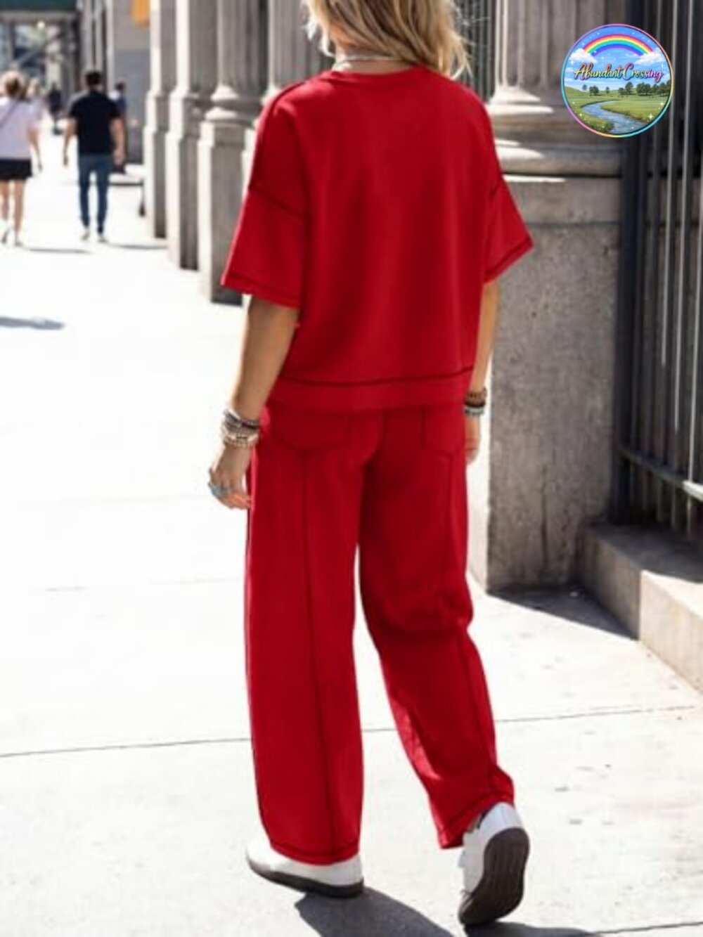 Womens 2 Piece Lounge Set 94% Cotton Wide Leg Pants Short Sleeve Top